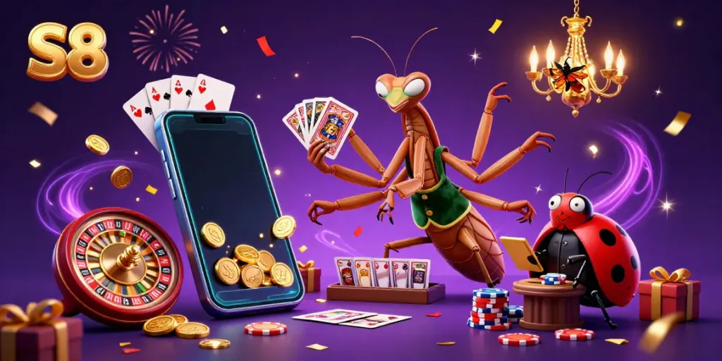S8's vibrant casino scene featuring a whimsical praying mantis card sharp and ladybug pit boss amidst colorful games and celebratory effects.