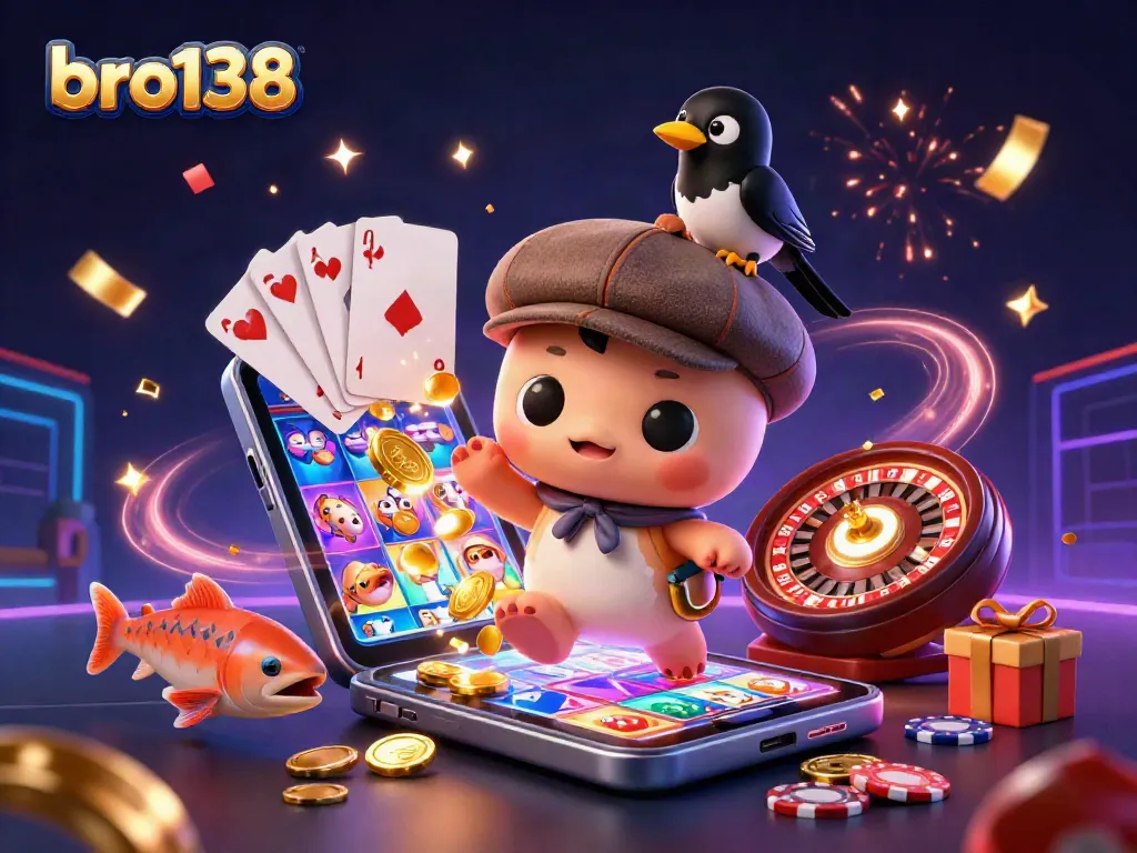 Engage in thrilling gameplay with bro138, featuring games and festivities in an immersive casino illustration.