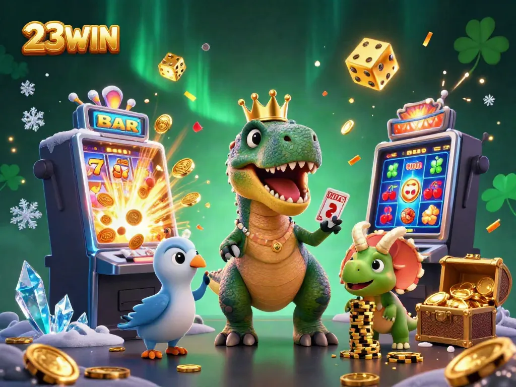 23WIN showcases a lively scene with a friendly T-Rex, pterodactyl, and triceratops enjoying casino games, emphasizing the thrill of gaming.