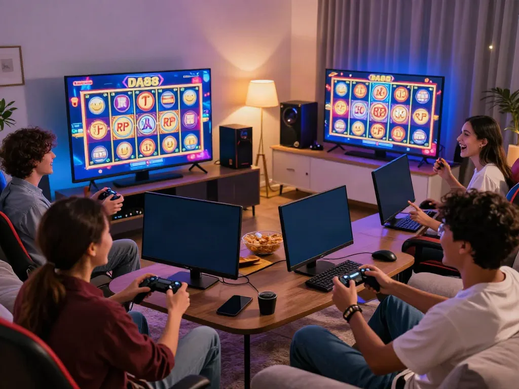 Exciting online gaming moment at DA88 with friends enjoying slot games in a cozy living room setting.