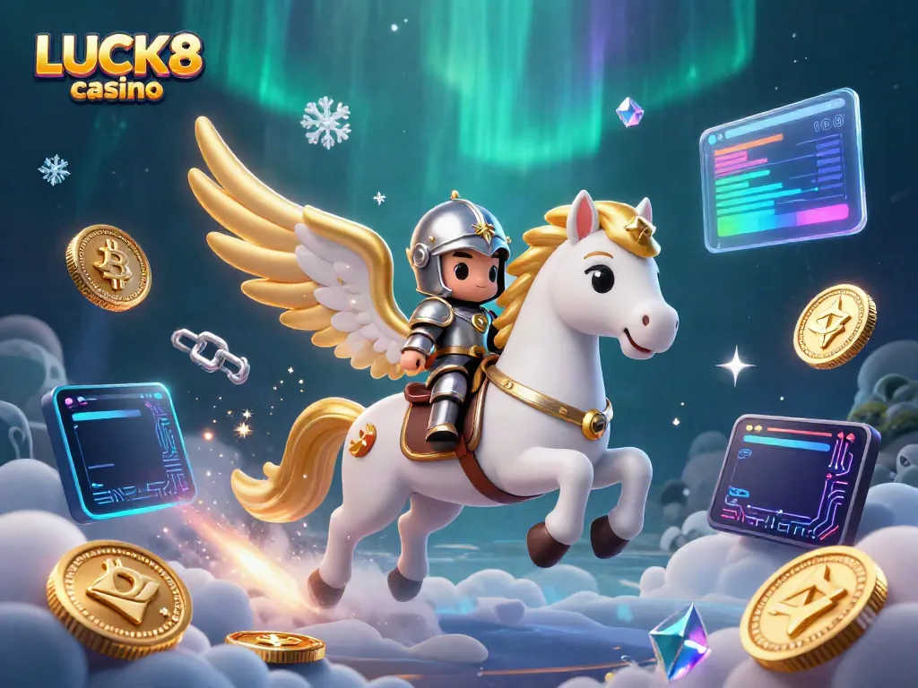 Experience the dynamic energy of LUCK8 casino with a celestial horse and knight in an exciting gambling-themed illustration.