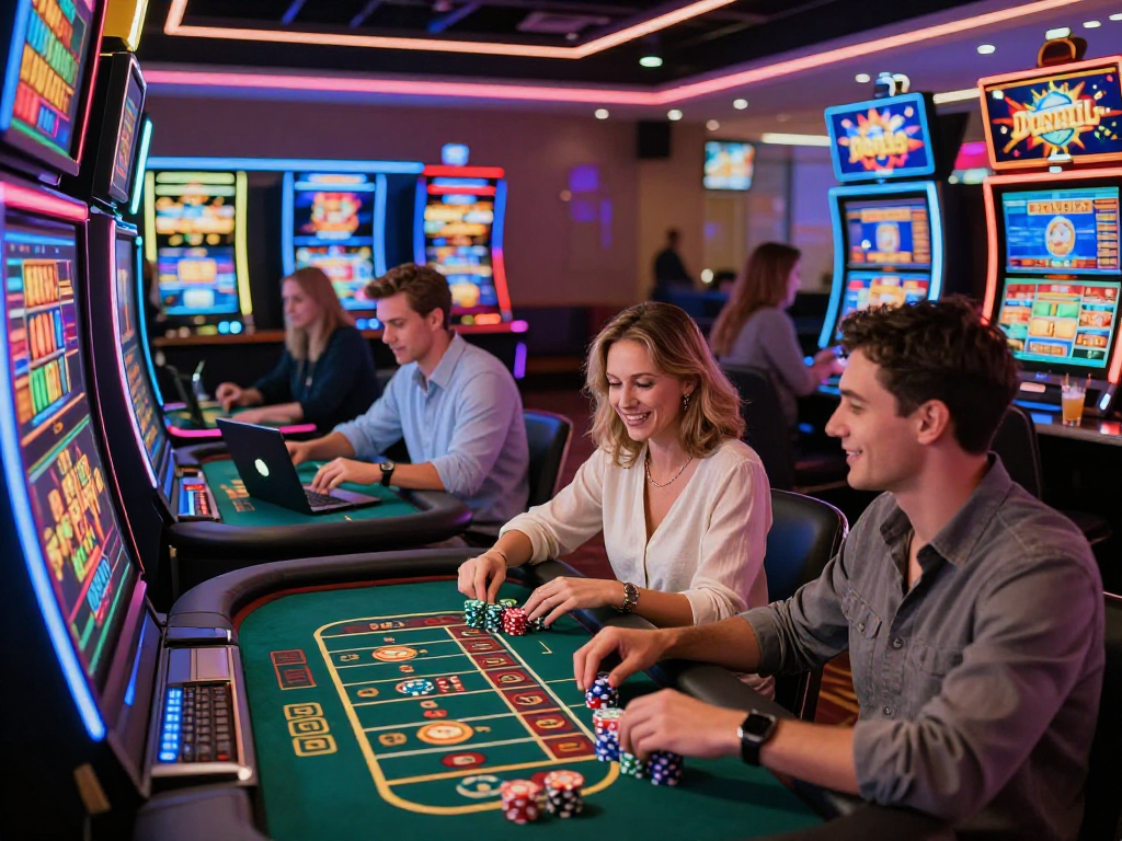I migliori casino online in un vivace ambiente di gioco, utenti felici interagendo con vari giochi e luci al neon.