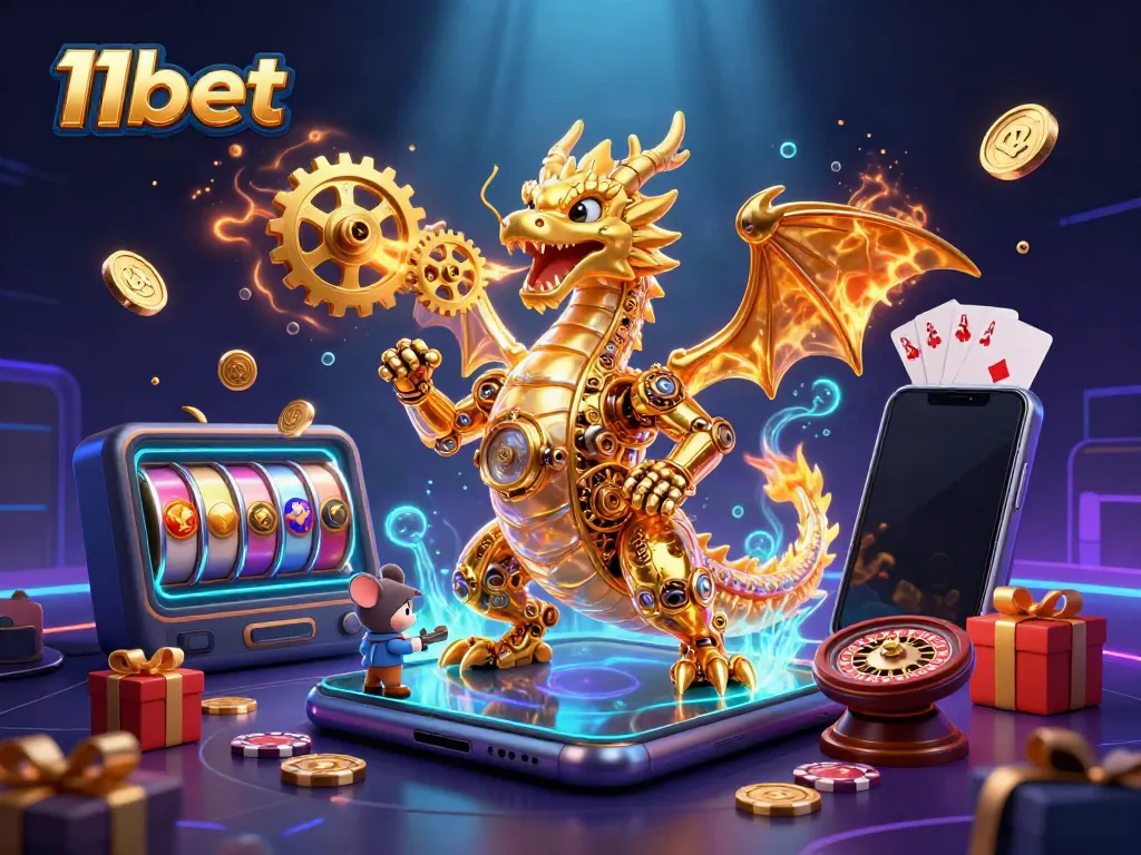 Engage with 11bet's vibrant gaming world featuring a golden dragon and dynamic casino elements.