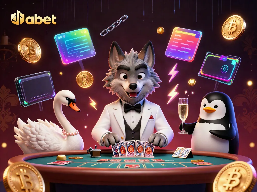 Experience the vibrant thabet casino scene with a debonair wolf, elegant swan, and penguin sommelier.