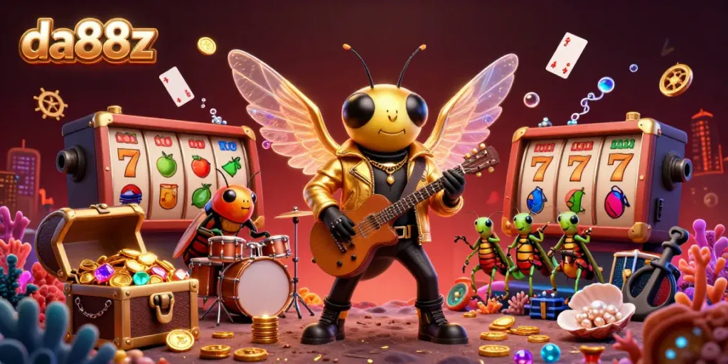 Experience engaging gameplay with da88z showcasing a vibrant scene of slot game excitement paired with a rock star ambiance.