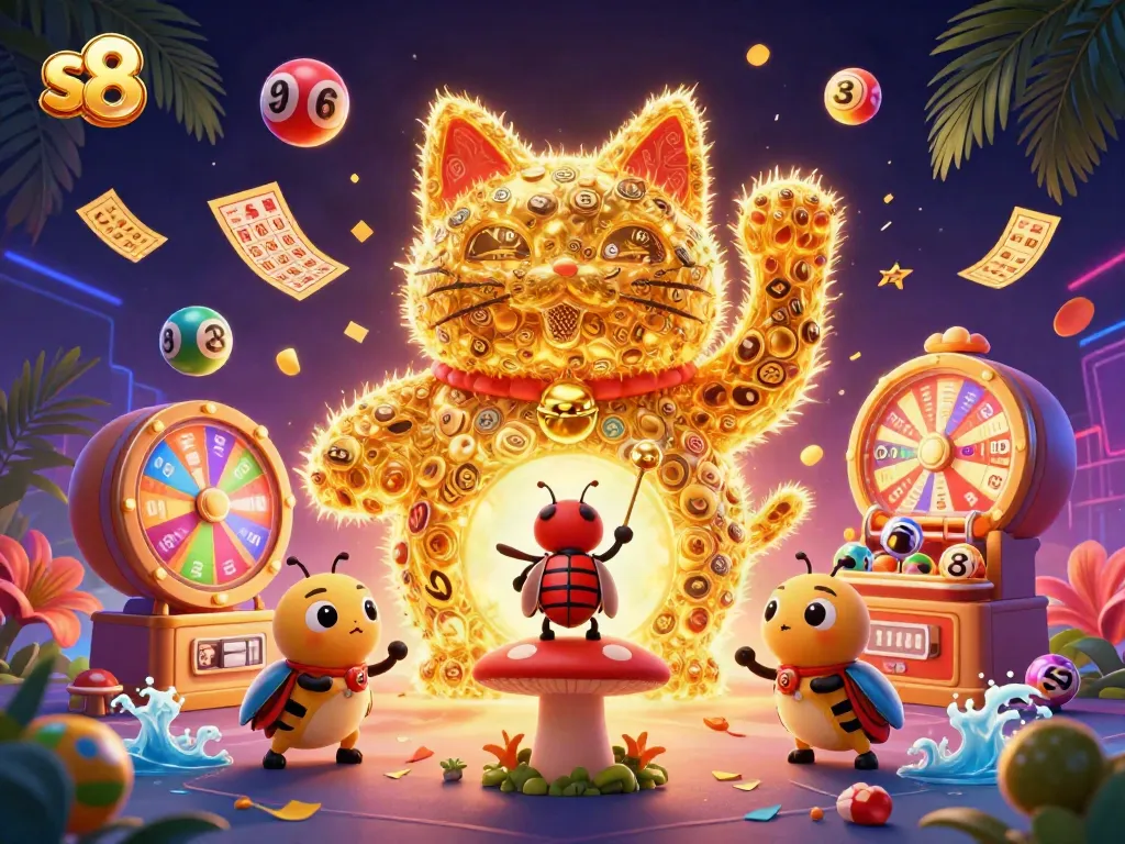 Engage with the s8 gaming experience surrounded by vibrant casino elements and a lucky cat.