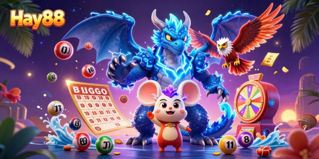 Experience thrilling gaming action with Hay88, featuring colorful lottery elements and dynamic characters.