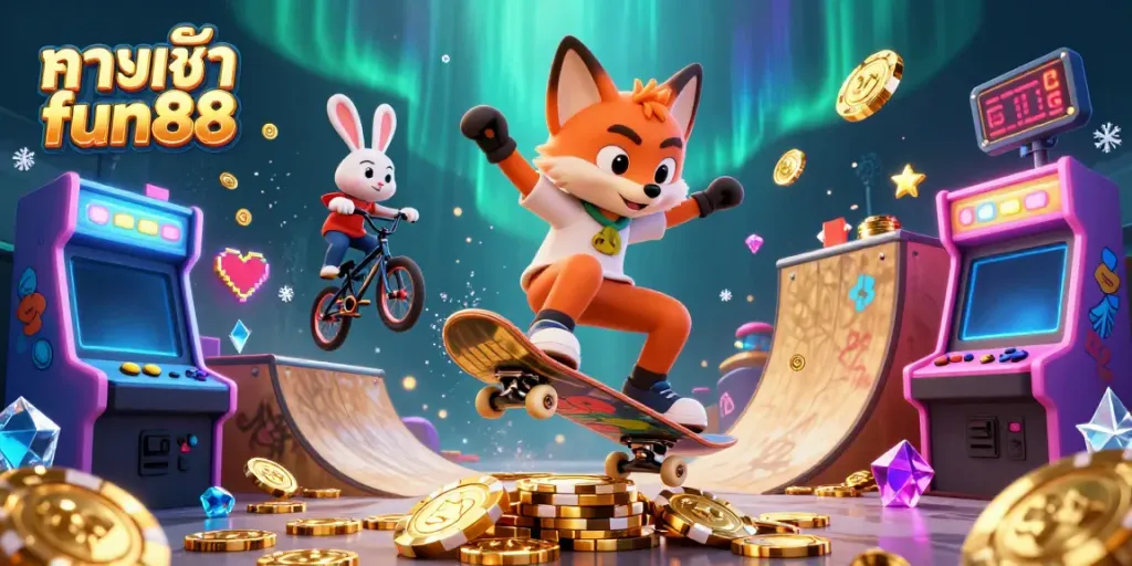 Engage with the vibrant casino experience at ทางเข้า fun88 surrounded by cartoon characters and dynamic gaming elements.