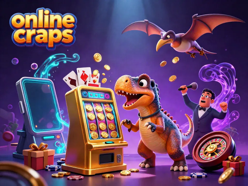 Engage in online craps excitement with a cartoon dinosaur winning at a golden slot machine amidst flying coins.