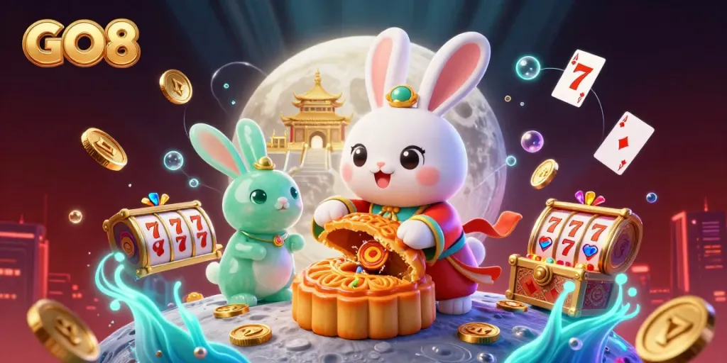 Engage with GO8's vibrant online casino experience surrounded by dynamic gaming elements and characters.