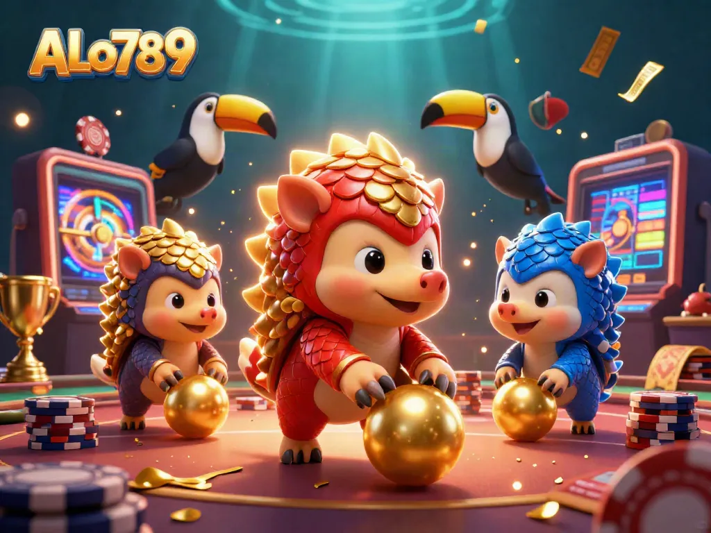Engage in thrilling action with ALo789's vibrant 3D casino scene featuring playful pangolins and rich gambling elements.