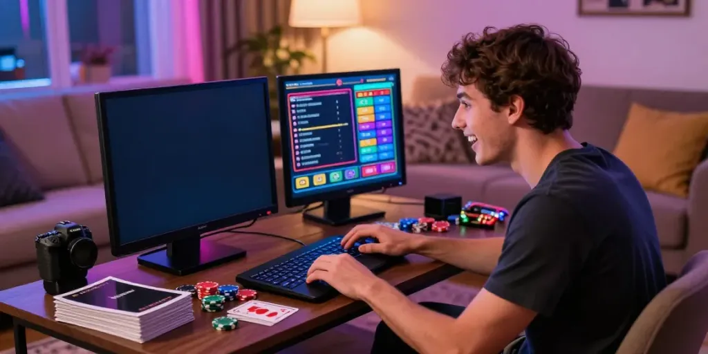 Exciting home scene showcasing a young man enjoying bonus sans depot casino while playing slots on a laptop.