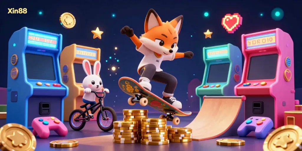 Experience the thrill of Xin88 with a vibrant 3D illustration featuring a fox skateboarder and rabbit BMX rider in a casino-themed setting.