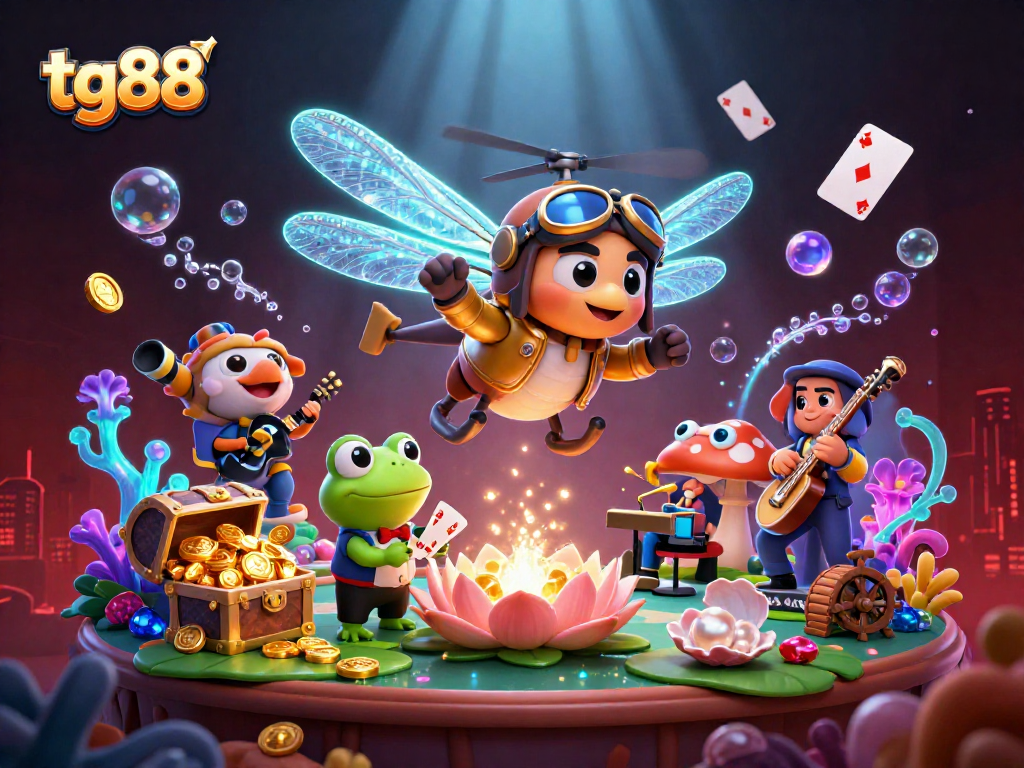 Experience thrilling gameplay at tg88 casino with a lively scene of a dragonfly pilot and frog croupier.