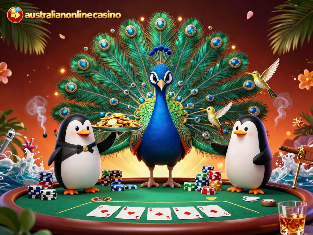 Play exciting games at australianonlinecasino with our vibrant peacock, penguin butler, and hummingbird.