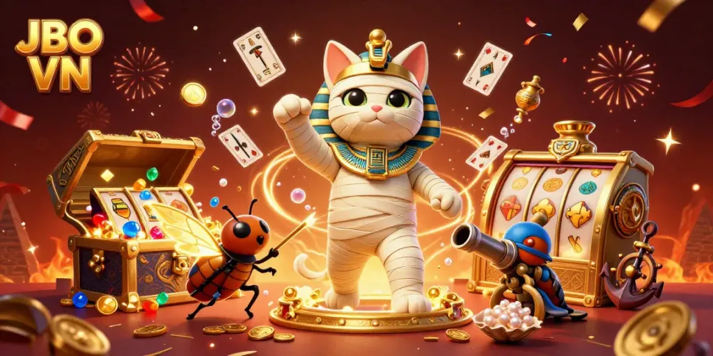 Experience thrilling gaming action at JBO VN with the Egyptian mummy cat emerging in a vibrant, casino-inspired scene.