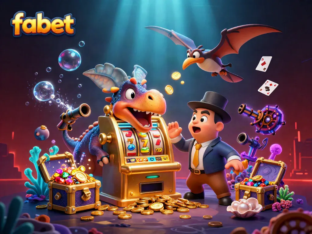 Win big with fabet as cartoon dinosaurs enjoy jackpots and flying gold coins in an exciting casino scene.