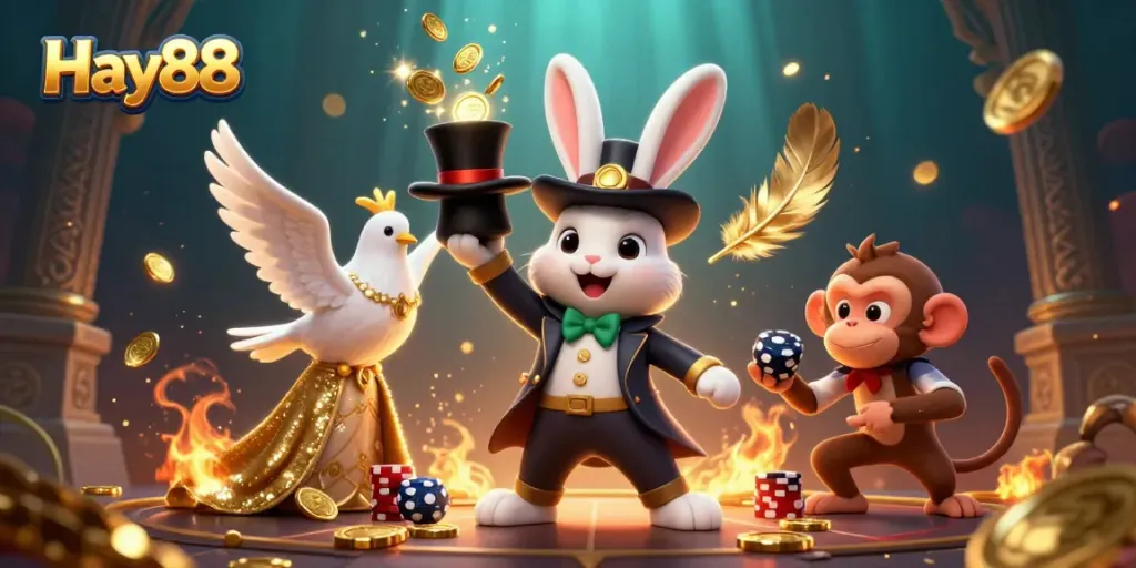 Experience the magic of Hay88 with a 3D magician rabbit pulling golden coins and a captivating scene of casino excitement.