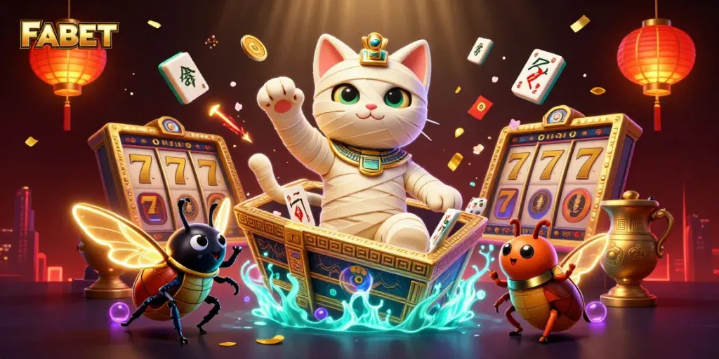 Engage with FABET while enjoying slots and vibrant casino games in a dynamic 3D scene.