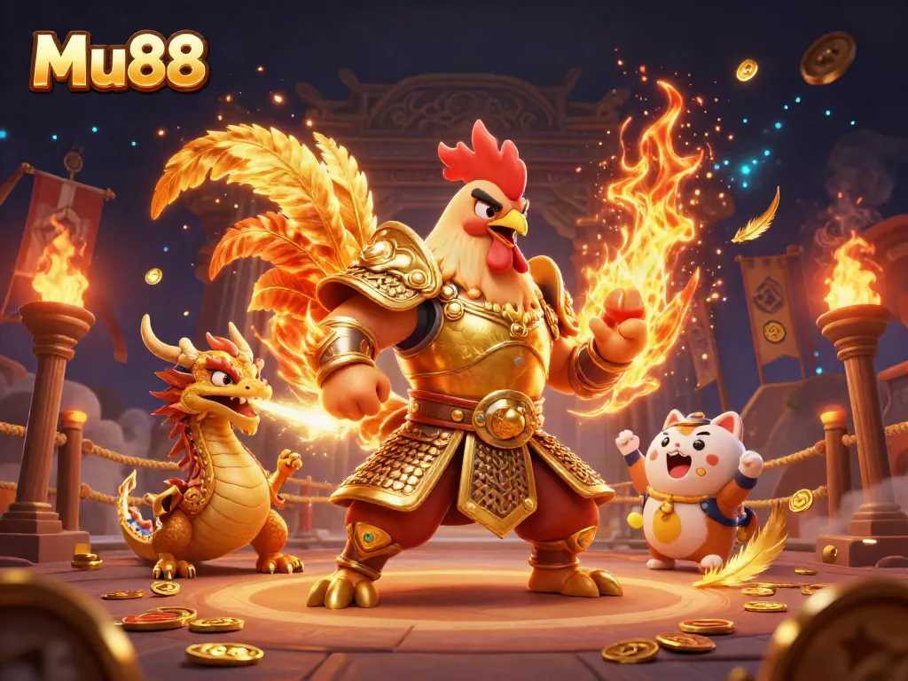 Experience thrilling gaming at Mu88 with a dynamic scene featuring a rooster warrior, dragon hatchling, and fortune cat.