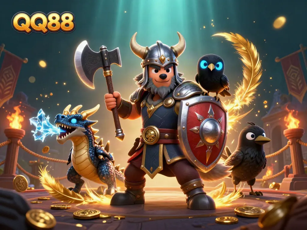 Engage in thrilling gaming adventures at QQ88 with vibrant visuals showcasing Viking, dragon, and raven.
