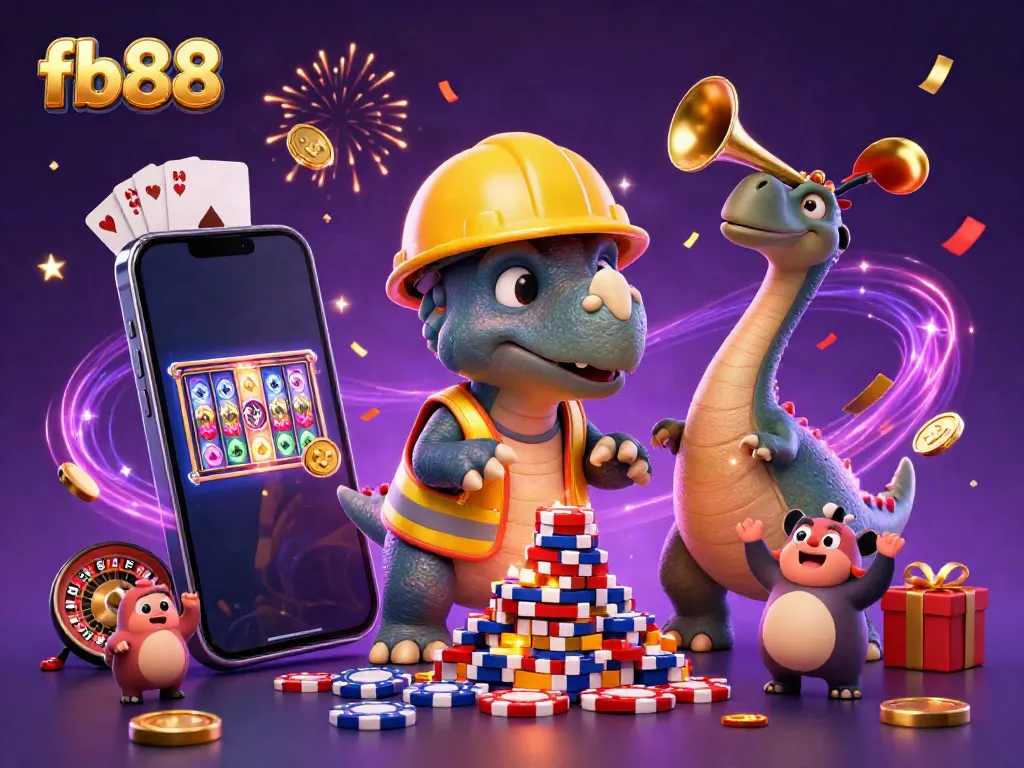 Experience the excitement of fb88 with a colorful 3D casino scene featuring animated characters building poker chips and celebrating winnings.