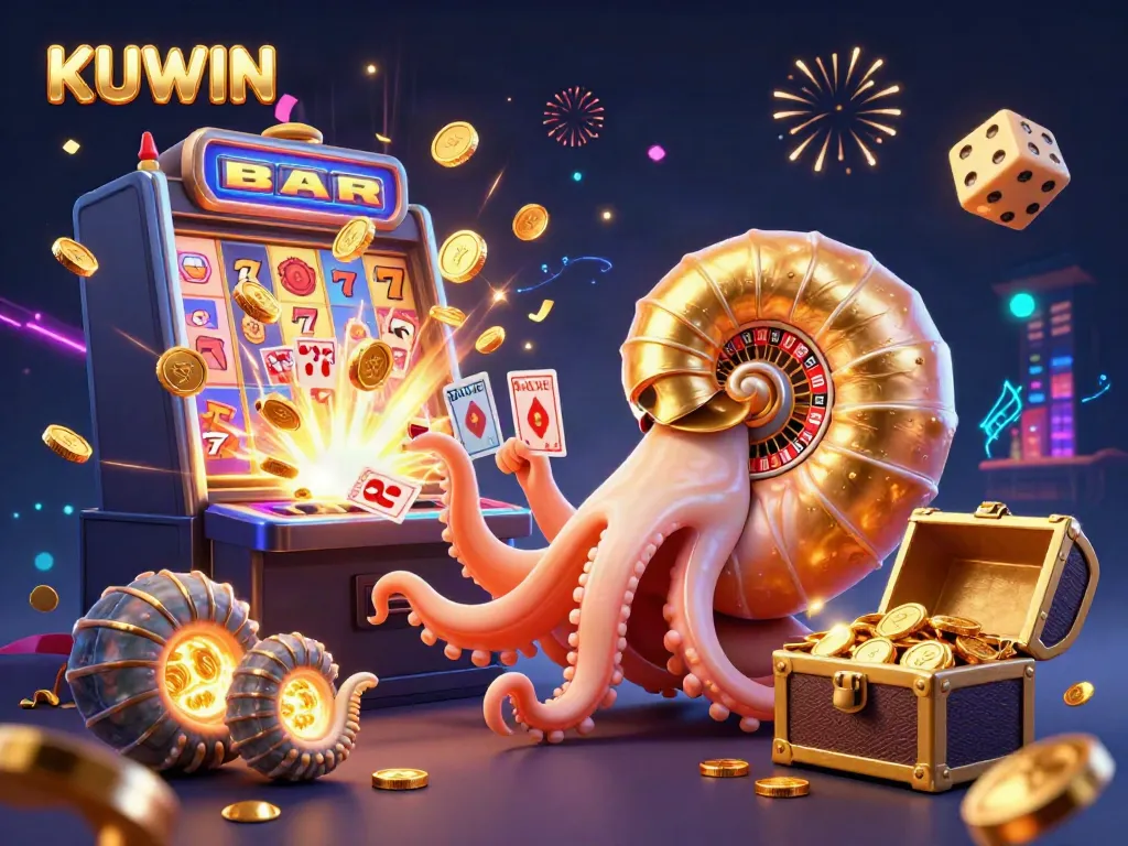 Engage with KUWIN's thrilling 3D casino scene featuring a giant nautilus roulette wheel and explosive jackpots.