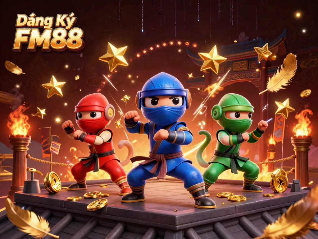 Engage with Đăng Ký FM88 through an energetic casino-themed scene featuring ninja chameleons.