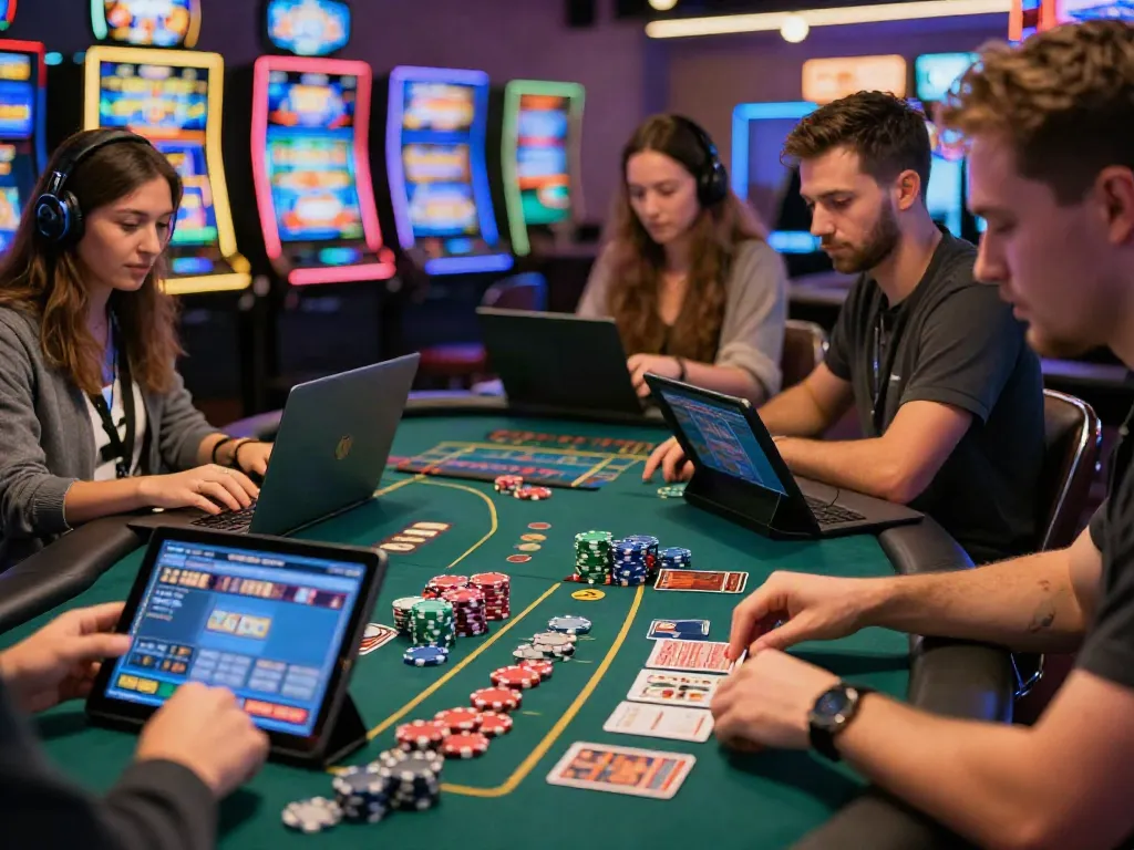 Exciting Casino En Ligne atmosphere with diverse players enjoying online gaming on various devices.