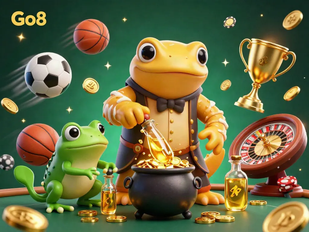 Experience Go8's thrilling casino magic with an alchemist and excited creatures creating winning moments.
