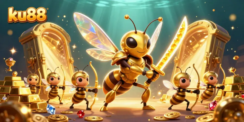 ku88 gaming illustration featuring a golden hornet samurai amidst treasures, captivating casino features