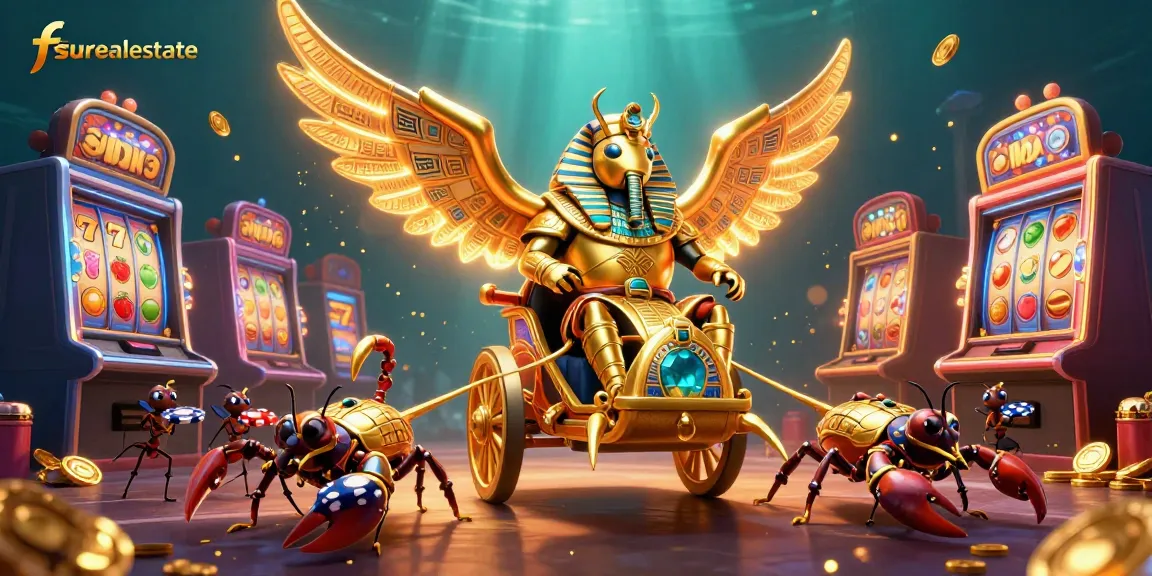 Join the fsurealestate adventure with a colossal golden scarab beetle amidst vibrant slot machines.