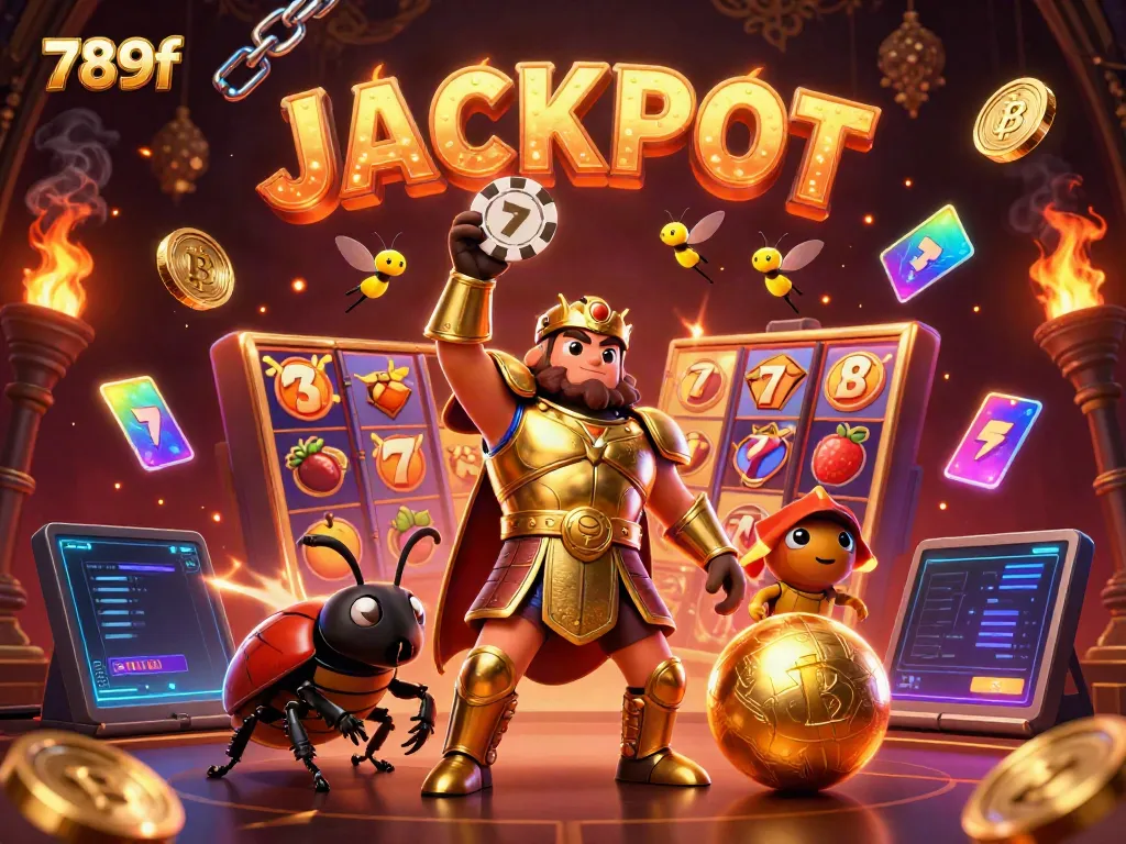 Engaging scene featuring 789f's golden beetle hero celebrating a jackpot victory with vibrant slot game elements