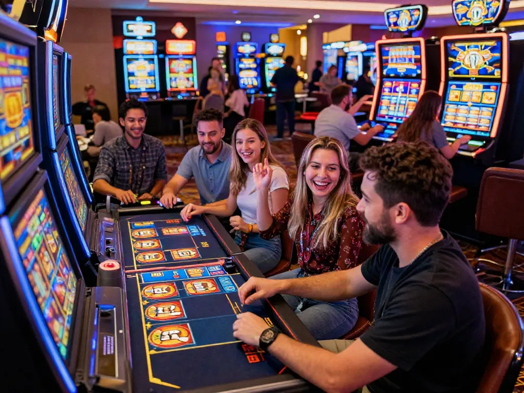 Players enjoying games at one of the best credit card casinos, celebrating wins and engaging in a lively atmosphere.