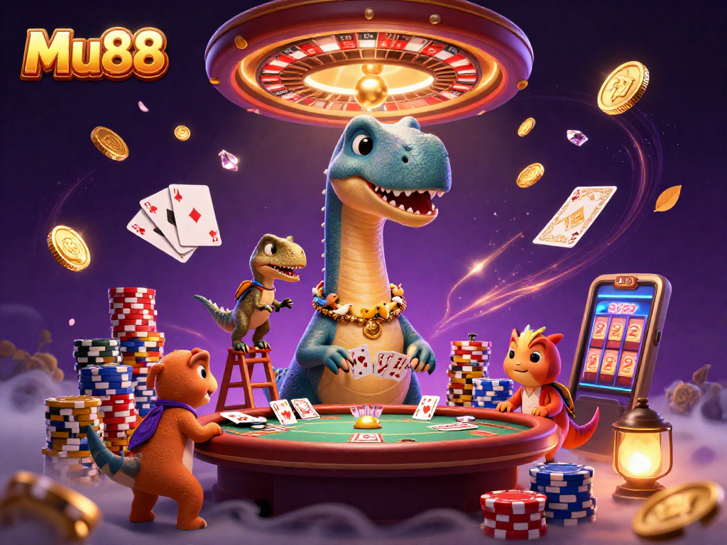 Mu88 casino scene with a giant brontosaurus, raptor dealer, and vibrant game elements