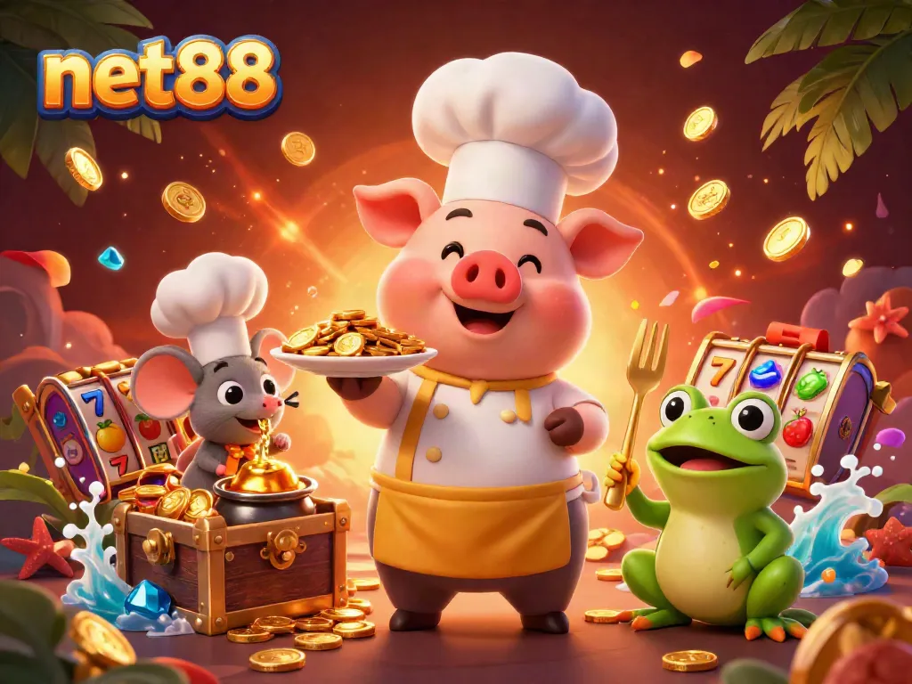 Experience thrilling slots and gaming treasures at net88 with this vibrant culinary-themed illustration.