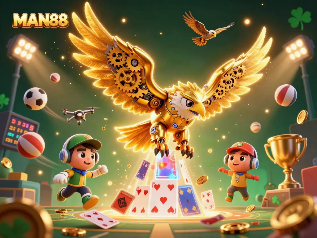Engage with MAN88 through a dynamic 3D casino illustration showcasing vibrant game elements and exciting sports themes.