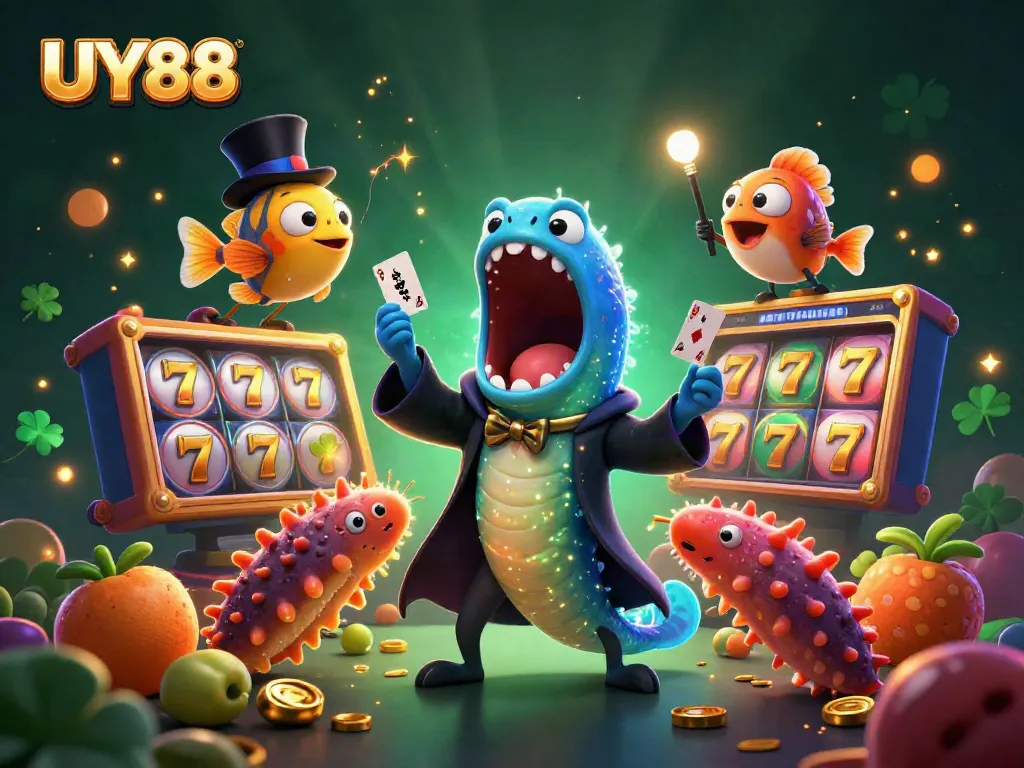 UY88 slots showcase vibrant characters performing magic tricks amid colorful game elements.