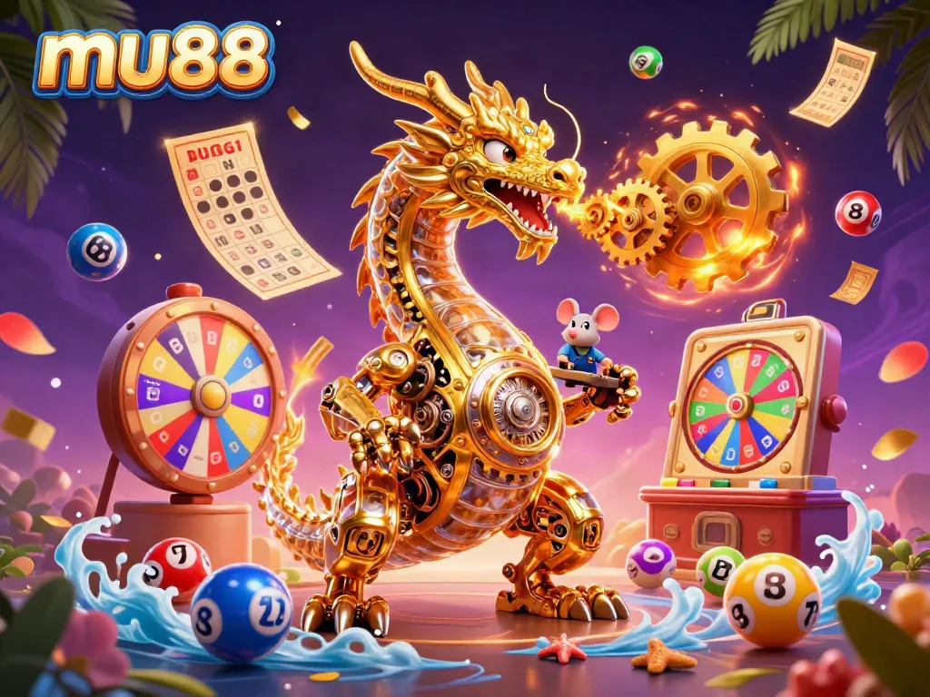 Engage in thrilling gaming at mu88 with vibrant lottery balls and a stunning dragon.