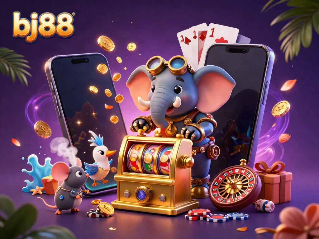 Engage with bj88's steampunk elephant engineer at the golden slot machine amidst vibrant casino elements and enchanting details.
