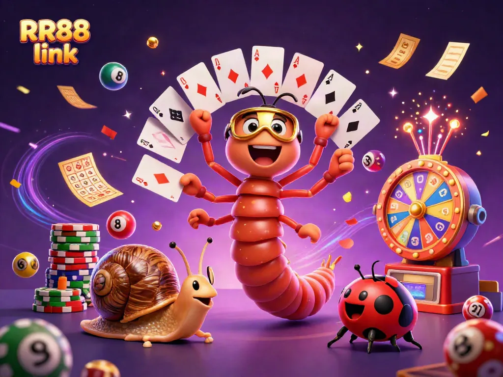 Experience the excitement of RR88 link with a vibrant 3D casino scene featuring a millipede dealer and high-roller snail.