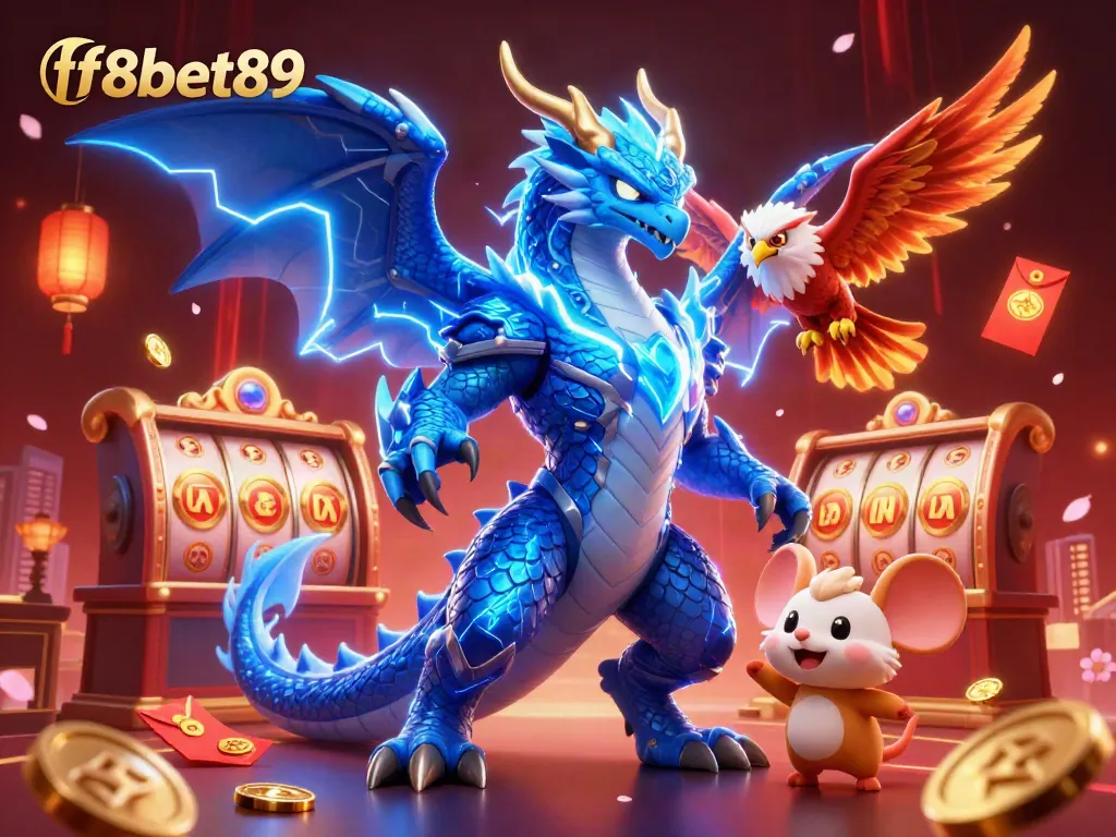 Experience f8bet89's electrifying casino scene with exciting slot reels and dynamic elements.