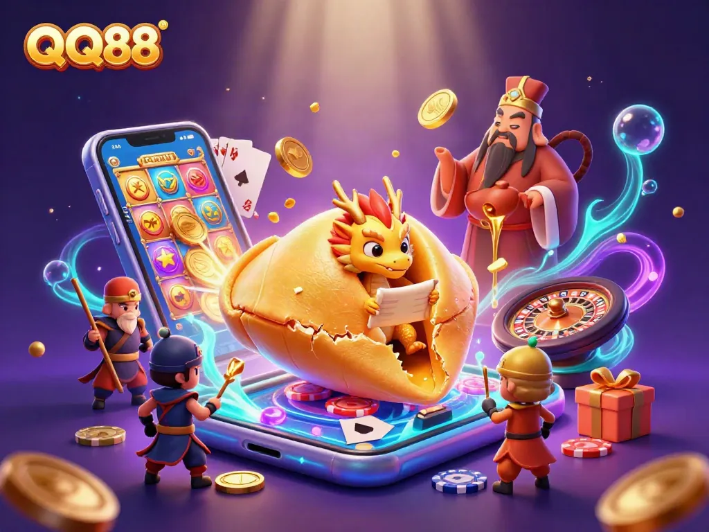 Experience exciting gameplay at QQ88 with a vibrant illustration showcasing dragon guardians and golden treasures.