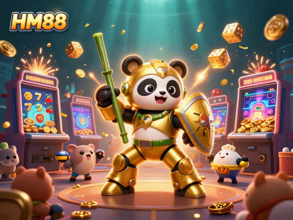 Experience thrilling casino action with HM88 featuring a golden panda and a jackpot explosion.