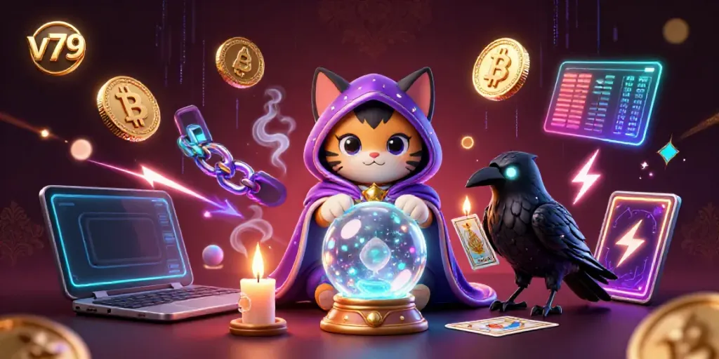 Engage with thrilling v79 gaming experiences with mystical cat and raven in a vibrant online casino setting.