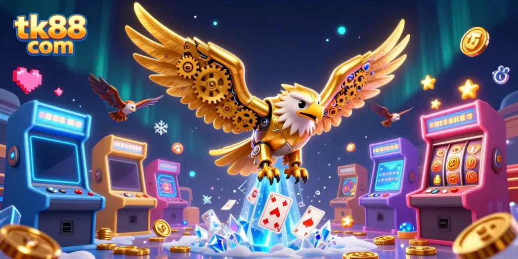 Experience the thrill of gaming at tk88 com with a dazzling 3D illustration of a cybernetic eagle amid colorful casino elements.