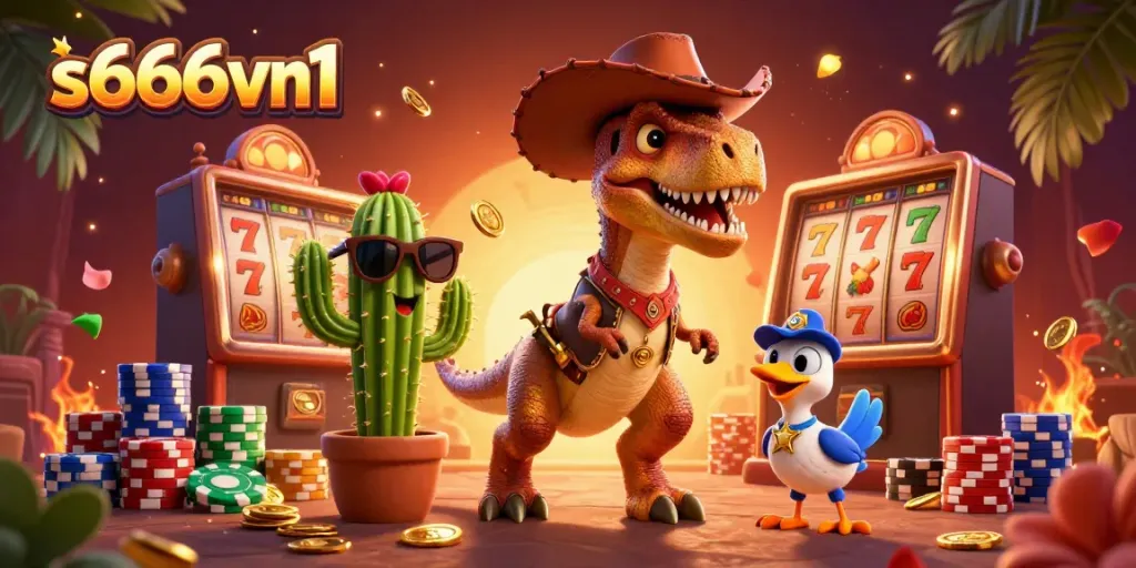 Engage with thrilling slots and vibrant jackpots at s666vn1 with a T-Rex cowboy and friends.