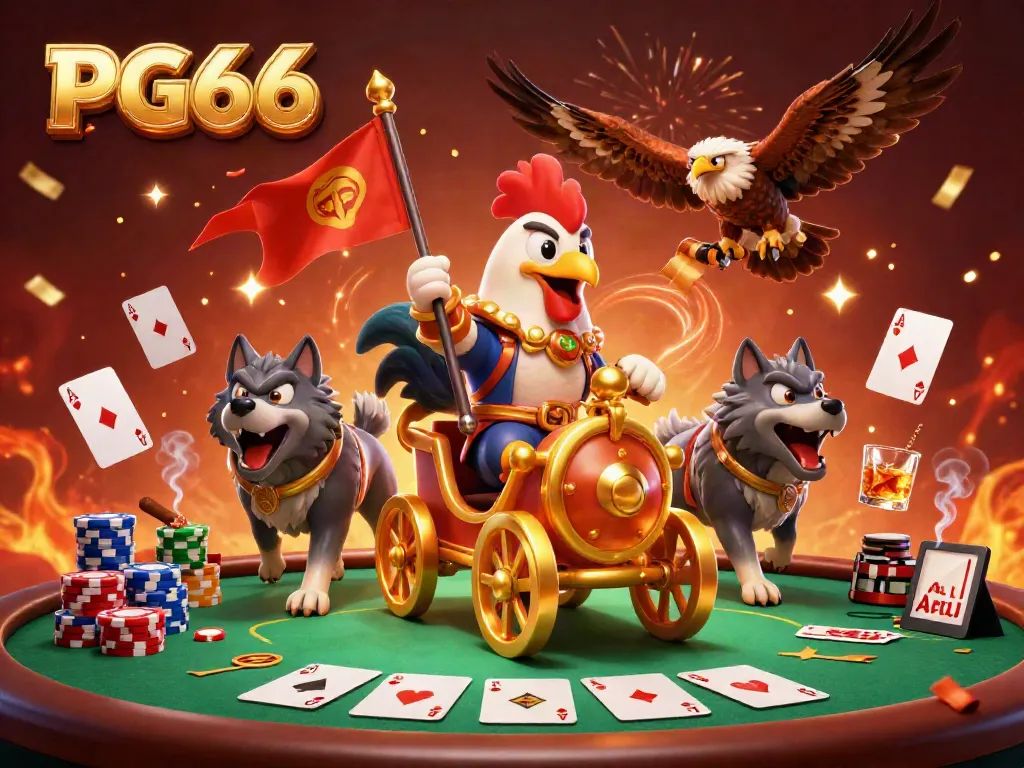 Engage in PG66's thrilling casino adventures with a dynamic 3D illustration featuring a rooster warlord and rich gaming elements.