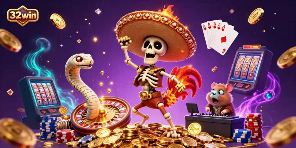 Experience the thrill of 32win with a vibrant illustration of a festive casino scene.