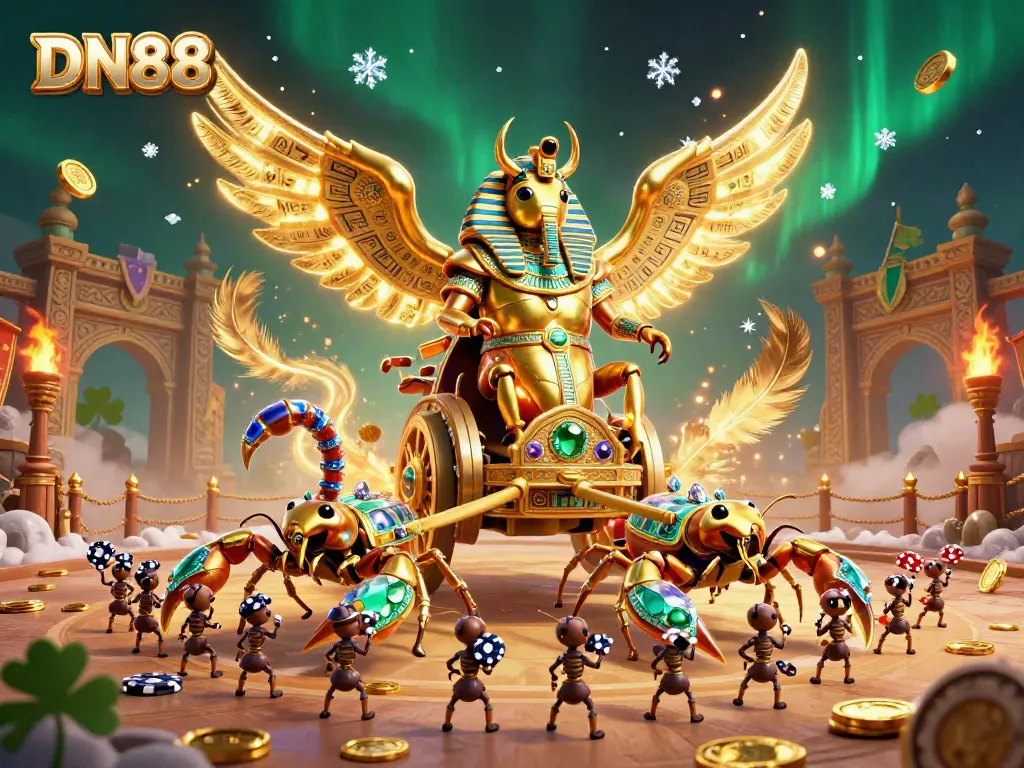 Experience the thrill of DN88 with a dynamic scene blending gambling elements and fantasy creatures in a vivid illustration.